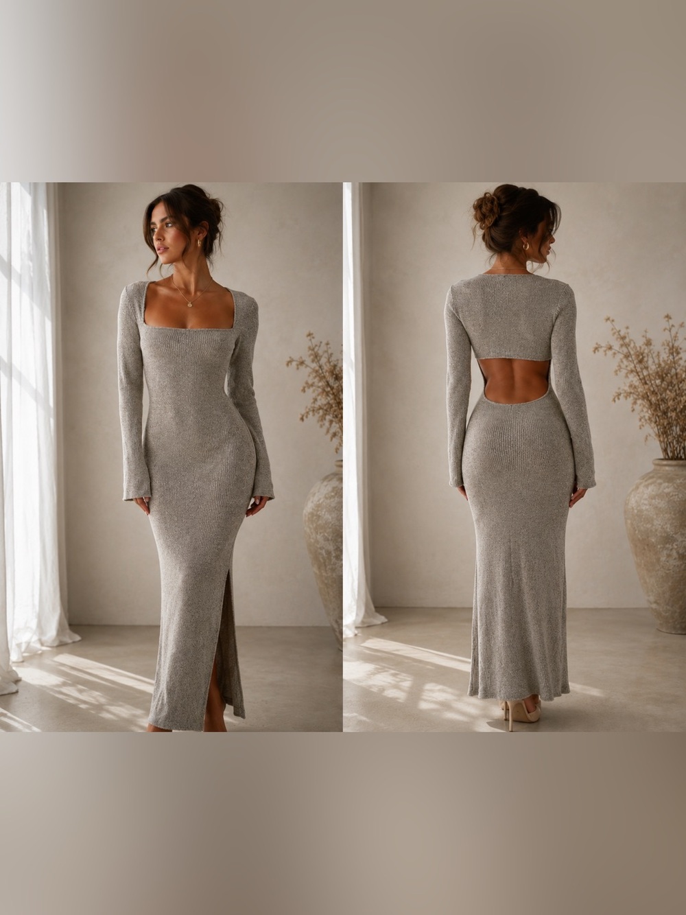 Oh Polly Signe Marl Grey Knit Open Back Bodycon Maxi Dress Size M